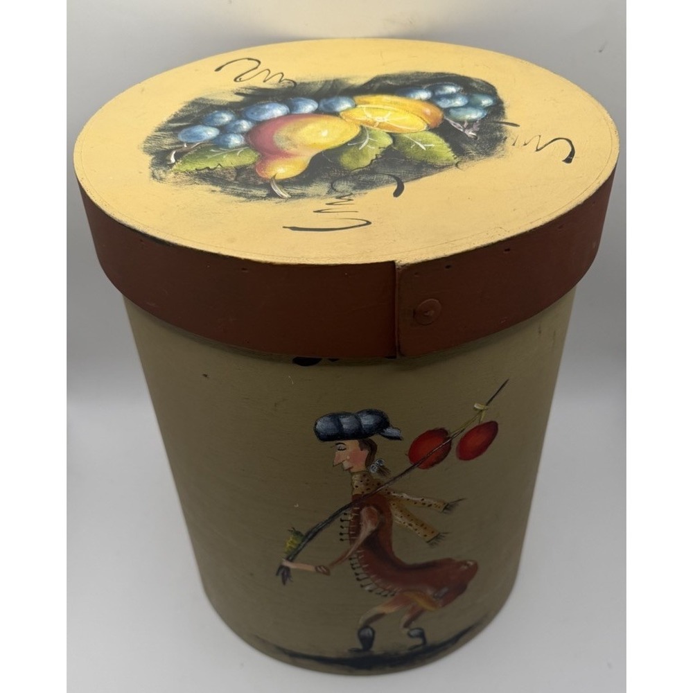 Folk Art Bentwood Pantry Box Vintage Hand Painted Fruit Peddler Signed 2006